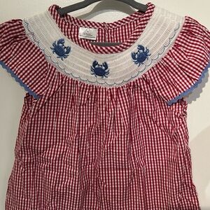 Red and White Gingham Dress with Blue Crab Embroidery